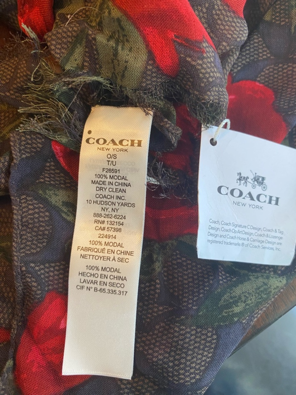 Coach Red Floral Modal Scarf with Olive Leaves